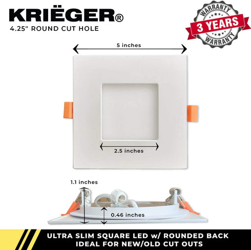 Krieger LED Recessed Ceiling Light Fixture, 4 Inch Ultra-Thin Square with Rounded Back, 3 Color Temperature Options, Dimmable, 750 Lumen, 9 Watt (60W Equivalent), Quick Install - ETL and ES Certified