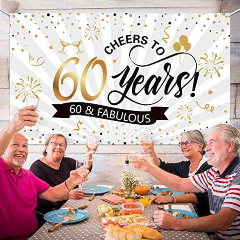 Happy 60th Birthday Backdrop Background Banner Large Men Women 60th Anniversary Backdrop Photo Booth Cheers to 60 Years Banner for 60th Birthday Party Decorations Supplies 72.8 x 43.3 inch