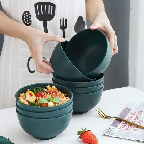 Kyraton Plastic Cereal Bowls 8 Pieces, Unbreakable And Reusable Light Weight Bowl For Rice Noodle Soup Snack Salad Fruit BPA Free Dishwasher Safe (Dark Green)