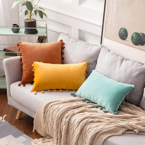 MIULEE Pack of 2 Velvet Soft Solid Decorative Throw Pillow Cover with Tassels Fringe Boho Accent Cushion Case for Couch Sofa Bed 20 x 20 Inch Orange