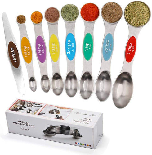 Sunnyac Measuring Spoons with Strong Magnets, Set of 8 Stainless Steel Measuring Spoons with Leveler, Double-Ended Metal Teaspoon and Tablespoon for Dry and Liquid Ingredients (Multi-colored)