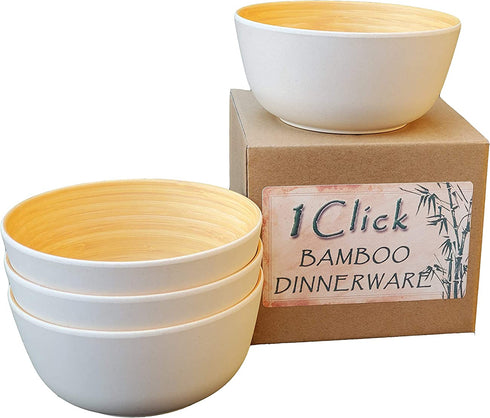 1 Click Bamboo Bowls, Set of 4, Bamboo Fiber Dinnerware Set, Reusable, Dishwasher Safe, for Salad, Soup, Cereal, Pasta, Fruit etc. Good for Party, Home Use, Outdoor (Wood Grain)