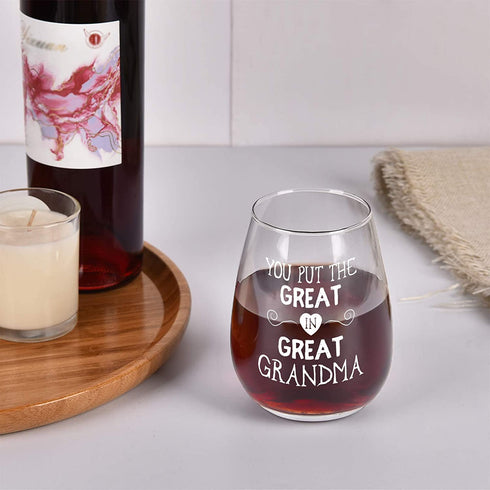 You Put the Great in Great Grandma Stemless Wine Glass, Gifts for Grandma New Grandma to Be Grandmother Mother's Day Birthday Christmas, Funny Grandma Wine Glass from Granddaughter Grandson, 15Oz