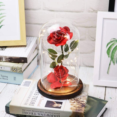 Beauty and The Beast Rose ,Rose Kit, Red Silk Rose and Led Light with Fallen Petals in Glass Dome on Wooden Base Valentine's Day Anniversary Birthday