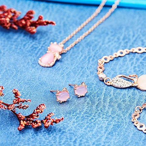 3 Pieces Cat Jewelry for Girls Set Cat Necklace Cat Bracelet Earring Pink Opal Pendant for Teen Girls and Women Christmas Gift