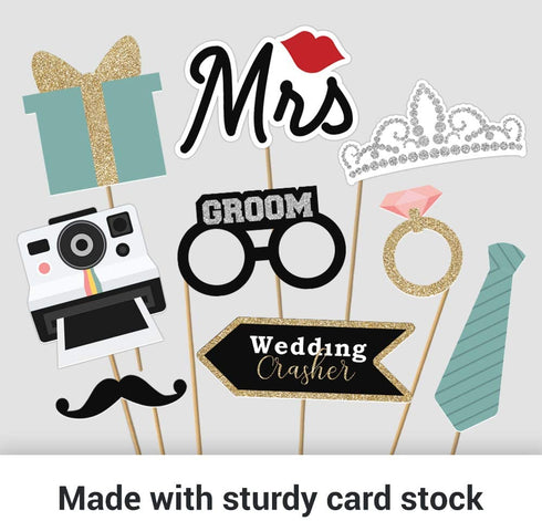 Fully Assembled Wedding Photo Booth Props - Set of 40 - Gold, Pink, Teal, & Silver Selfie Signs - Wedding Party Supplies & Decorations - Cute Wedding Designs with Real Glitter - Did we mention no DIY?