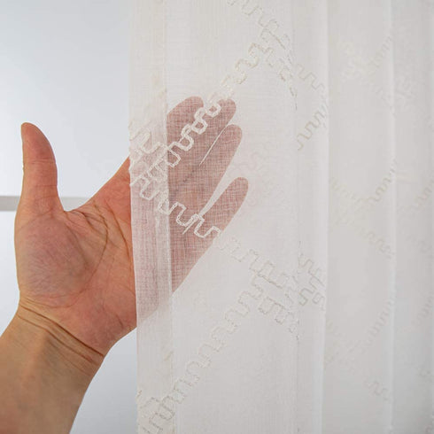 H.ebony White Semi Sheer Curtains with Moroccan Embroidery Trellis Design 63 inch Length for Living Room, Geometric Embroidered Pattern Curtain Panels Ivory Semi Rod Pocket 2 Panels,52" Wx63 L