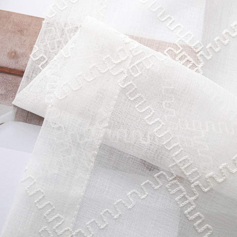 H.ebony White Semi Sheer Curtains with Moroccan Embroidery Trellis Design 63 inch Length for Living Room, Geometric Embroidered Pattern Curtain Panels Ivory Semi Rod Pocket 2 Panels,52" Wx63 L