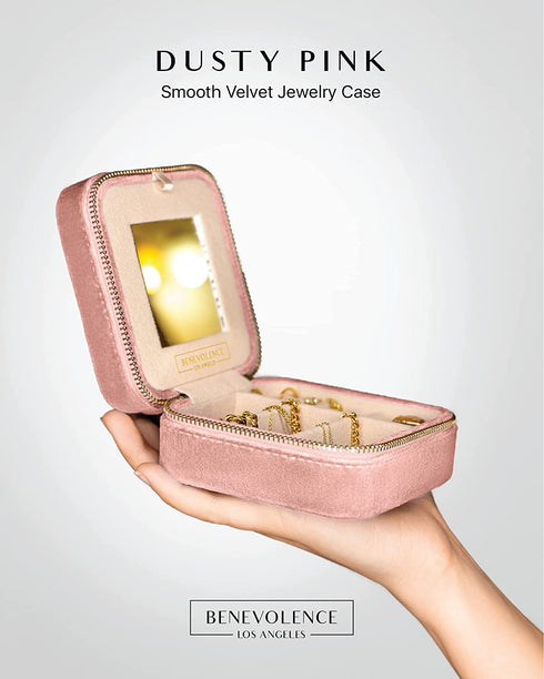 Plush Velvet Travel Jewelry Box Organizer | Travel Jewelry Organizer Box, Travel Jewelry Case | Small Jewelry Box for Women, Jewelry Travel Case | Earring Organizer with Mirror - Dusty Pink