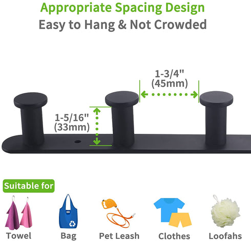 Towel Hook Rack Matte Black, Angle Simple SUS304 Stainless Steel Bathroom Hook Rail 5 Hooks, Utility Kitchen Towel Holder, Wall Mount