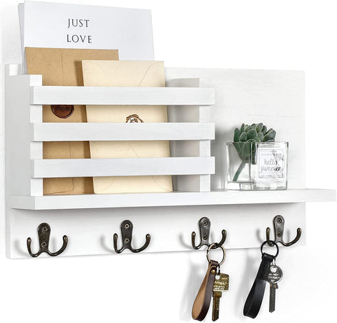 Lwenki Key & Mail Holder for Wall - Rustic Natural Paulownia Wood, 4 Double-Hook Hangers - Wall Mounted Organizer for Decor, Bags, Accessories - Hardware & Manual Included (White)