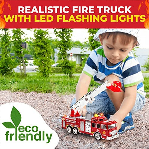 Toysery Fire Truck Toy with 3D Flashing Lights, Siren and Fire Fighter Sounds Effects. Extendable Rotating Rescue Ladder for Boys & Girls 3 -7+ Years Old