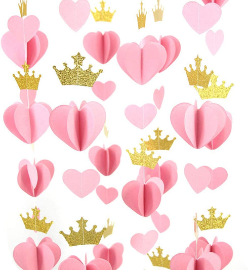 Mybbshower Gold Pink 3D Paper Heart Crown Garland Girl Princess Birthday Party Nursery Room Decor Balloon Tail Pack of 5