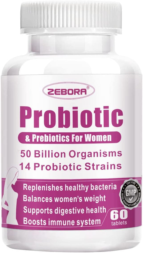 ZEBORA Probiotics for Women Digestive Health, Prebiotics and Probiotics with 50 Billion for Urinary Tract and Vaginal Health, Immune Support and Gut Health, Gluten & Soy Free, 60 Tablets