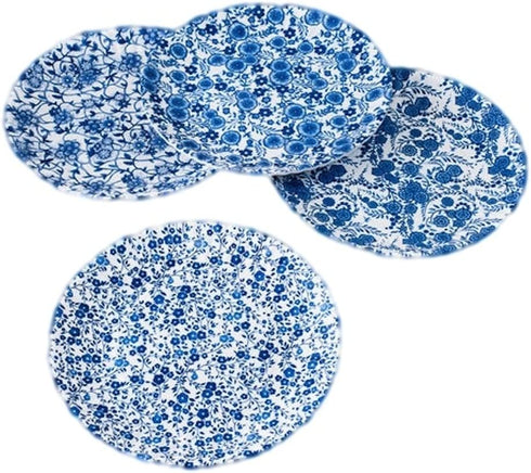 Blue & White Floral Pattern Picnic/Dinner Plate, 9 Inch Melamine, Set of 4