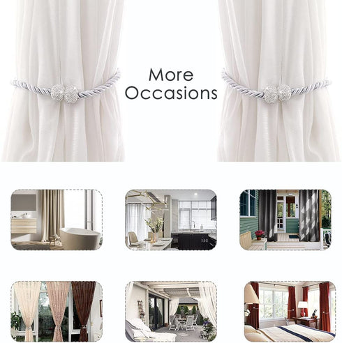 ALON Magnetic Curtain Tiebacks, Bling Curtain Holdbacks, Crystal Tie Backs for Curtains, Hold Curtains Drape Ties Backs 17 inch Holdback, No Need Drilling(Set of 4 - Silver)