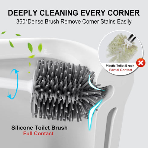 TRENTI Toilet Brush with Holder 2 Pack, Silicone Toilet Brush Set with Ventilated Holder and Long Ergonomic Handle, Flexible Silicone Toilet Brushes for Bathroom