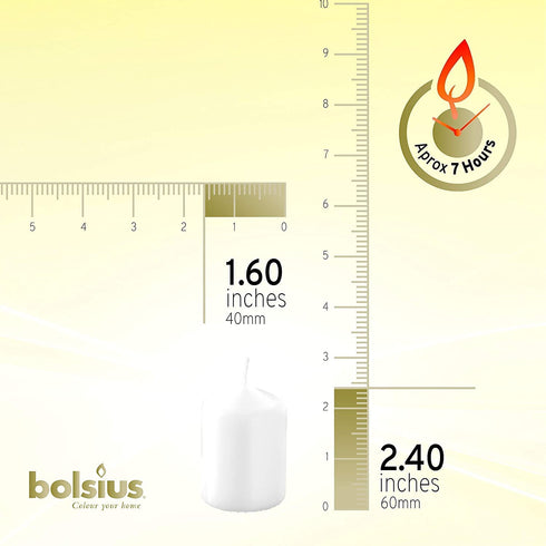 BOLSIUS 20 Count 1.6 x 2.4 Inch White 'Small' Pillar Candles - 7 Burn Hours - Premium European Quality - Unscented Dripless and Smokeless Wedding, Party, Restaurant, & Special Occasion Candle Set