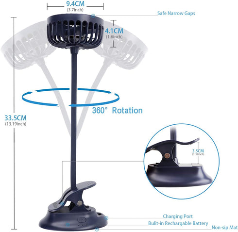 Mikikin Portable Mini Clip on Stroller Fan, 3 Speeds Settings, Flexible Bendable USB Rechargeable Battery Operated Quiet Desk Fan Ideal for Home, Office, Car, Travel, Camping, Outdoor