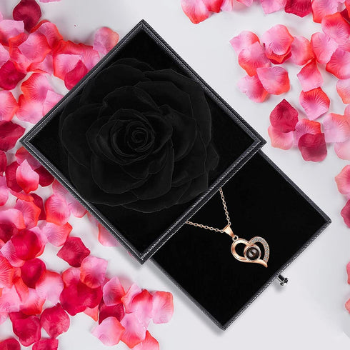 Floridliving Rose with Necklace,Preserved Rose with Heart I Love You Necklace 100 Languages Gift Set,Handmade Forever Rose Flower with Box for Valentine's Day,Wedding Gifts(Black)
