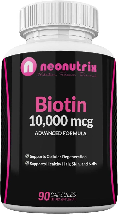 Biotin 10000mcg Supplement - Hair Skin and Nails Vitamins for Women and Men– Biotin for Hair Growth - Biotina para el Cabello 10000 - Non-GMO FDA Inspected Facilities 90 Capsules by Neonutrix