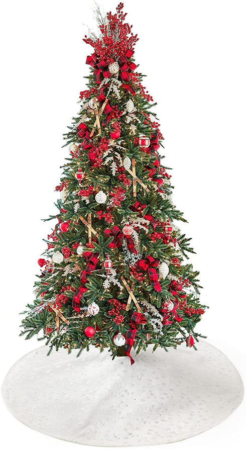EHEYCIGA Fleece Christmas Tree Skirt White 48 inches with Silver Snowflakes and Stars Stamped Silver, Christmas Tree Blanket for Xmas Tree, Holiday Christmas Tree Decorations
