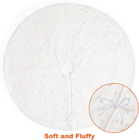 EHEYCIGA Fleece Christmas Tree Skirt White 48 inches with Silver Snowflakes and Stars Stamped Silver, Christmas Tree Blanket for Xmas Tree, Holiday Christmas Tree Decorations