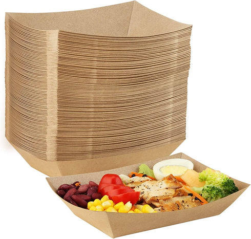 Eupako Paper Food Trays 3 Lb Capacity Disposable Kraft Paper Food Serving Tray Grease Resistant Boat (Brown, 100 Pack)