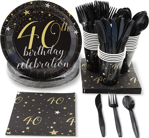 40th Birthday Party Bundle, Includes Plates, Napkins, Cups, and Cutlery (24 Guests,144 Pieces)