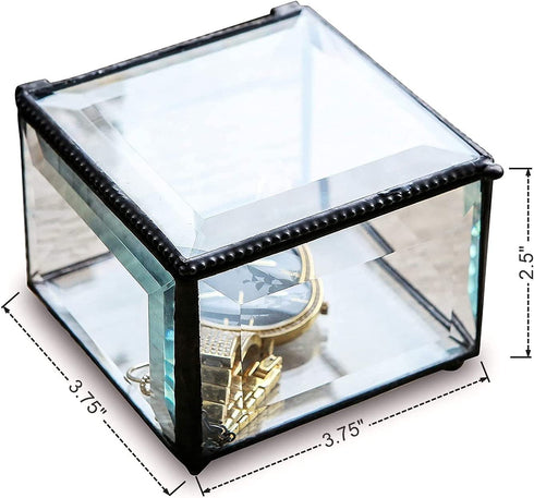 Retro Clear Glass Box Keepsake Jewelry Trinket Boxes Home Decor, Beveled Glass Display Box, 3.75x3.75x3 in