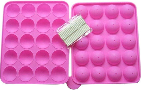 Rbenxia Silicone Cake Mold 20-cavity Half Circle Lollipop Party Cupcake Baking Mold Cake Pop Stick Mold Tray Pink with 25 Sticks