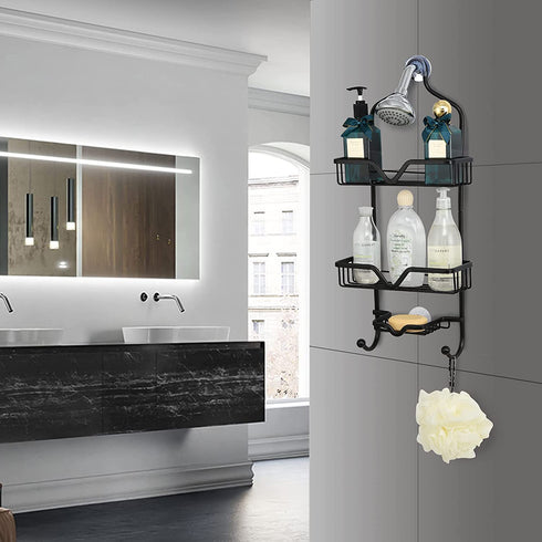Shower Caddy Over Shower Head, Aluminum Hanging Shower Caddy, Rustproof Shower Organizer Hanging for Shampoo & Soap 3-Tier with 2 Hooks, Black, 25.1" x 11" x 4.7"