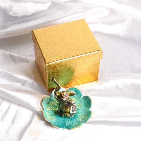 Waltz&F Raise Nose Elephant on Petal Metal Ring Jewelry Holder Trinket Box Figurine Collectible Table Centerpiece Decor