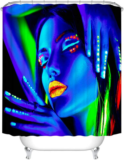 Fangkun Shower Curtain Art Bathroom Blue Decor Set - Polyester Fabric Cool Beautiful Girl with Fluorescent Lights Design Bath Curtains - 12pcs Shower Hooks - 72 x 72 inches
