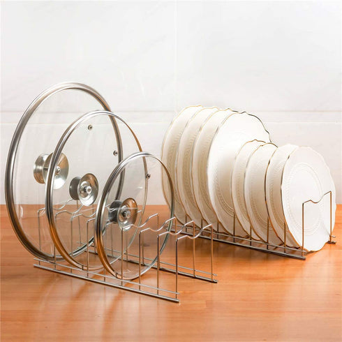 SANNO Pot Lid Organizer, Rack Holder Rest Storage, for Pot Lids, Plates, Cutting Boards, Bakeware, Cooling Rack, Serving Trays, Total 8 Compartments, Stainless Steel