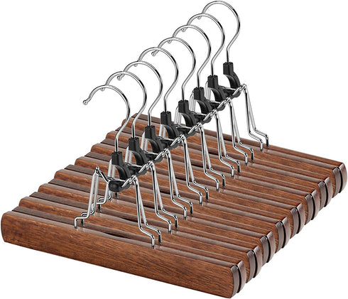 AMKUFO 12 Pack Wooden Pants Hangers with Clips Non Slip Skirt Hangers Walnut Trouser Clamp Hanger Solid Wood Hanger with 360° Swivel Hook