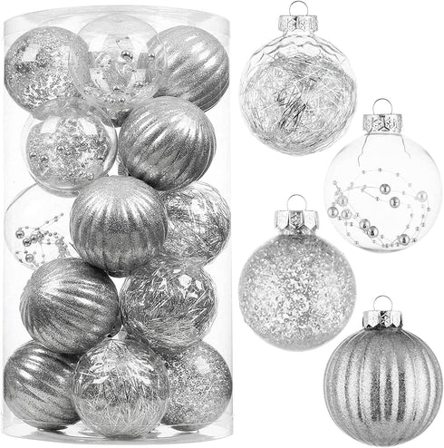 80mm/3.15" Shatterproof Christmas Ball Ornaments,Clear Plastic Decorative Christmas Balls Hanging Xmas Tree Baubles Set with Stuffed Delicate Glittering Decorations(Silver)