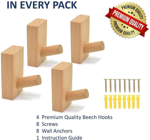 Wood Wall Hooks - Pack of 4 Decorative Wall Hooks for Hanging Coats - Perfect Backpack Hanger, Hat Hooks for Wall - Each Heavy Duty Wooden Wall Hook Holds 6lbs-33lbs (Beech, 4Pack)