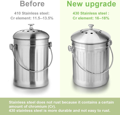 ENLOY Compost Bin, Stainless Steel Indoor Compost Bucket for Kitchen Countertop Odorless Compost Pail for Kitchen Food Waste with Carrying Handle 1.3 Gallon Easy to Clean