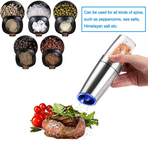 XinXu Gravity Electric Salt Shaker - Automatic Pepper Grinder - Pepper or Salt Mill, Battery-Operated with Adjustable Coarseness, Premium Stainless Steel with LED Blue Light, One Hand Operated