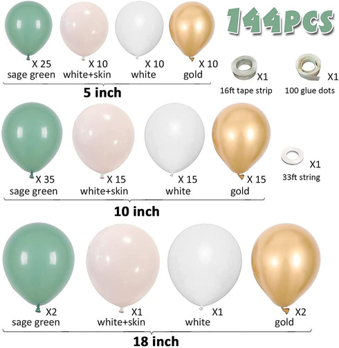 Sage Green Balloon Garland Arch Kit 144pcs Baby Shower Decor with Olive Eucalyptus Green White Gold Double-Stuffed Blush Balloons for Jungle Woodland Safari Baby Shower Bridal Wedding Wild One 1st Birthday Theme Party Decorations