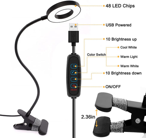 Desk Lamp Clip on Light, Desk Light 48 LED Lamp with 3 Lighting Modes, Dimmable 10 Brightness Levels, 360° Adjustable Gooseneck, Eye-Caring Small Lamp for Bed Headboard Reading Makeup Eyebrow (Black)
