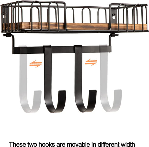 DB Ironing Board Hanger Wall Mount, Ironing and Iron Board Wall Mount with Shelf, Metal Iron Holder Wall Mount with Large Storage Wooden Base Basket & Removable Hooks, Iron Board Hanger Laundry Room