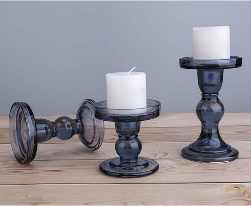 Lewondr Glass Candle Holders, 3 Pieces Crystal Clear Candlesticks with Elegant Design for Pillar Taper Candle and Tea Light, Home Table Living Room Wedding Party Decorations Home D©cor - Smoky Blue