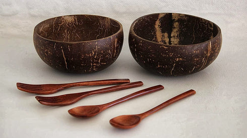 COCOBANGO® Coconut Bowls with Spoons and Forks: Vegan, Organic, 100% natural Coconut Bowls, Smoothie bowls, Wooden Bowls for Food, Wooden Fruit Bowls, Acai Bowls (Set of 2)