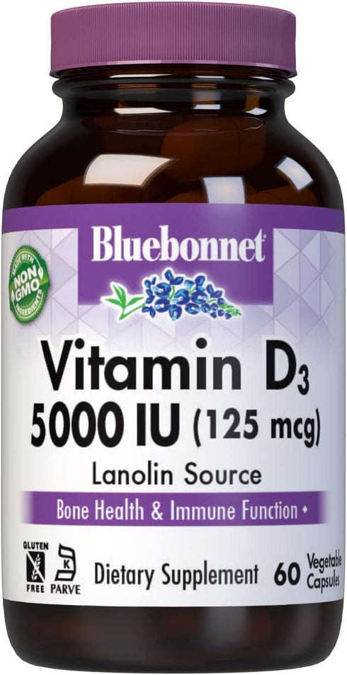 Bluebonnet Nutrition Vitamin D3 5000 IU Vegetable Capsule, Aids in Muscle & Skeletal Growth, Cholecalciferol from Lanolin, D3, Non GMO, Gluten Free, Soy Free, Milk Free, Kosher, 60 Count