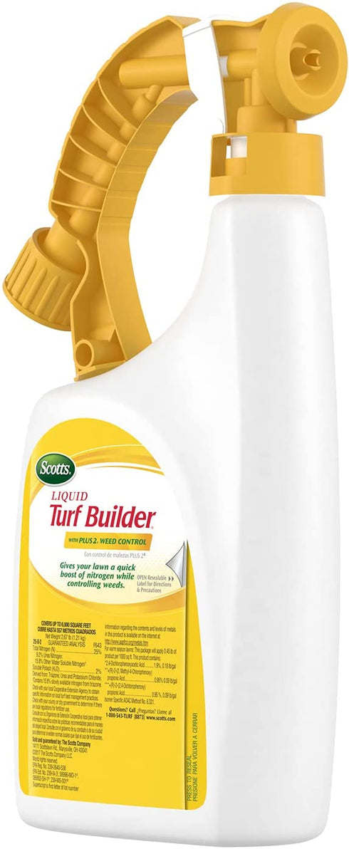 Scotts Liquid Turf Builder with Plus 2 Weed Control Fertilizer, 32 fl. oz. - Weed and Feed - Kills Dandelions, Clover and Other Listed Lawn Weeds - Covers up to 6,000 sq. ft.
