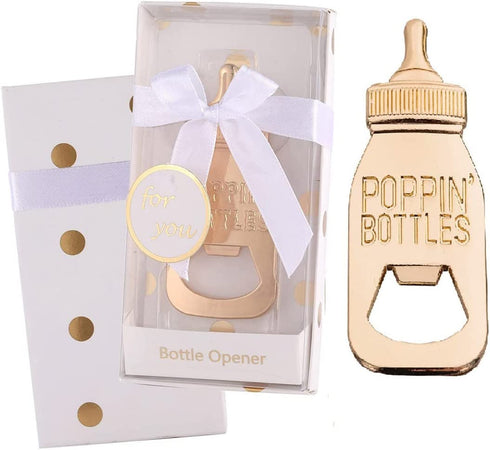 DAJAMAI 12 Pack Bottle Openers for Baby Shower Favors, Bridal Baby Shower Decorations Souvenirs, Poppin Bottles Openers with Exquisite Gifts Box used for Baby Party Favors(New White)