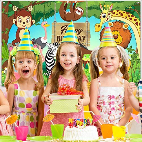 Jungle Animal Theme Birthday Party Decorations, Extra Large Fabric Safari Animal Elements Printed Happy Birthday Backdrop Funny Cartoon Forest Banner Background for Birthday Party Supplies, 6 x 3.6ft