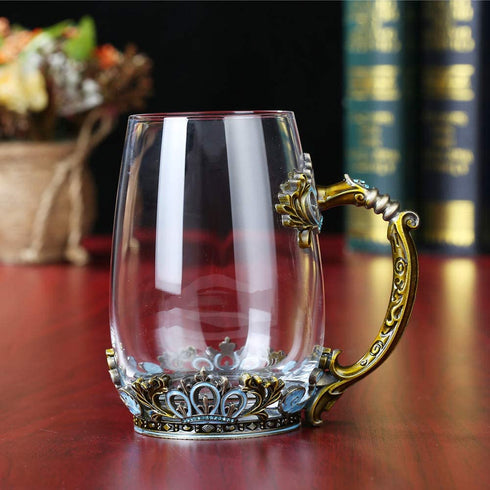 Glass Tea Mug, Mother™s Day Gifts Glass Tea Cup with Handle, Unique Crown Enamel Design for Christmas Wedding Birthday Gift Present Idea(Classical Green/12.5Oz)